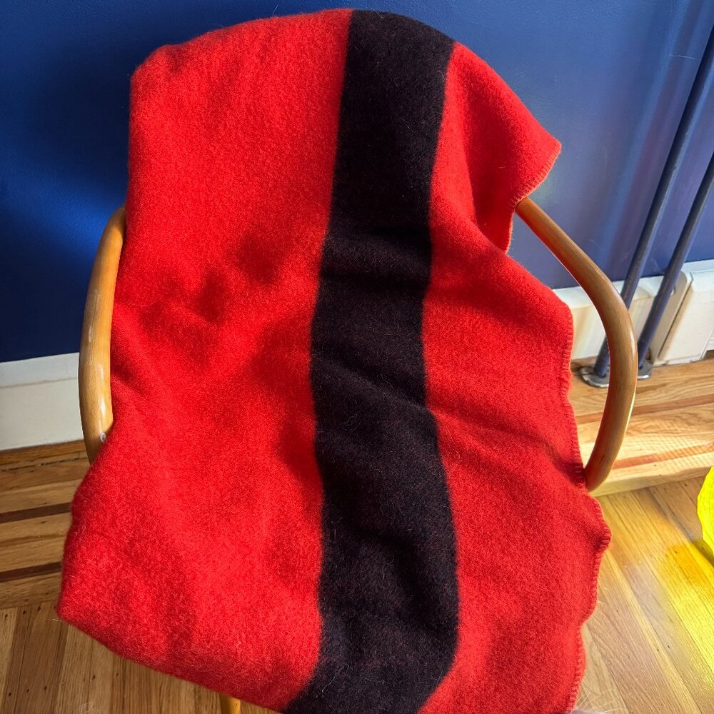 Vintage JC Penney Red Wool Blanket with Black Stripe